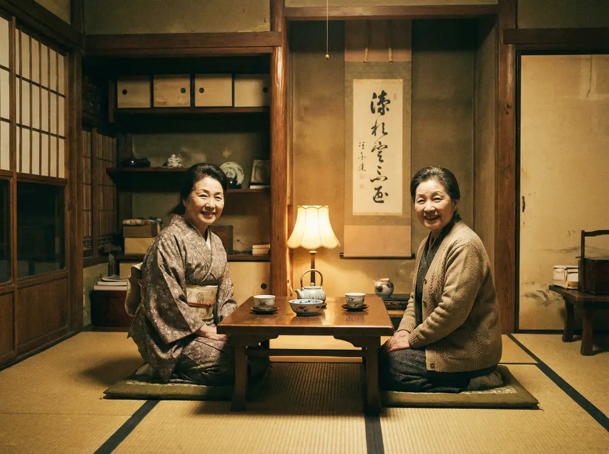 两位优雅的 黑兽 在日式茶室中品茶交谈